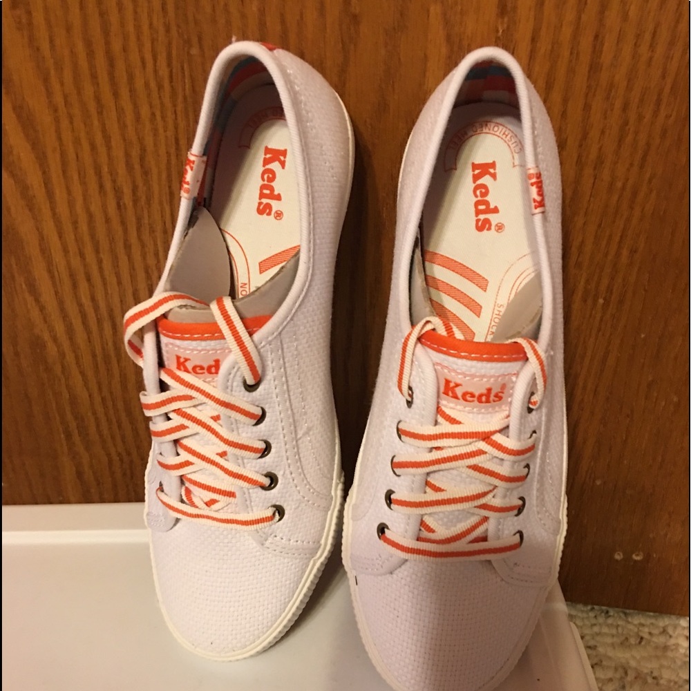 Keds, size 6-1/2, never worn.  White & orange
